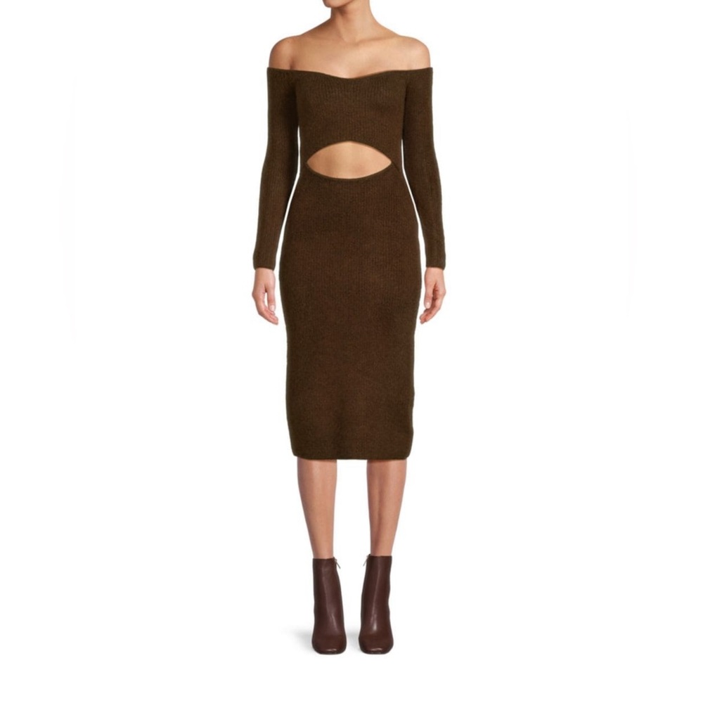 Off-Shoulder Cutout Midi Dress in Dark Brown